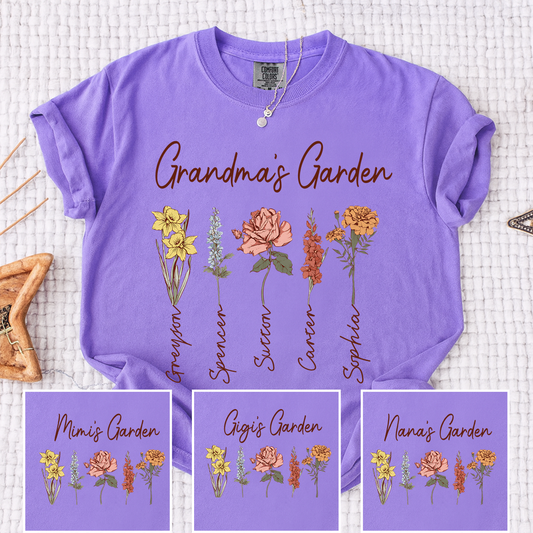 Comfort Colors Grandma's Garden Shirt, Personalized Floral Grandma T-Shirt with Grandkids' Names, Custom Flower Tee for Grandma, Mother's Day Gift