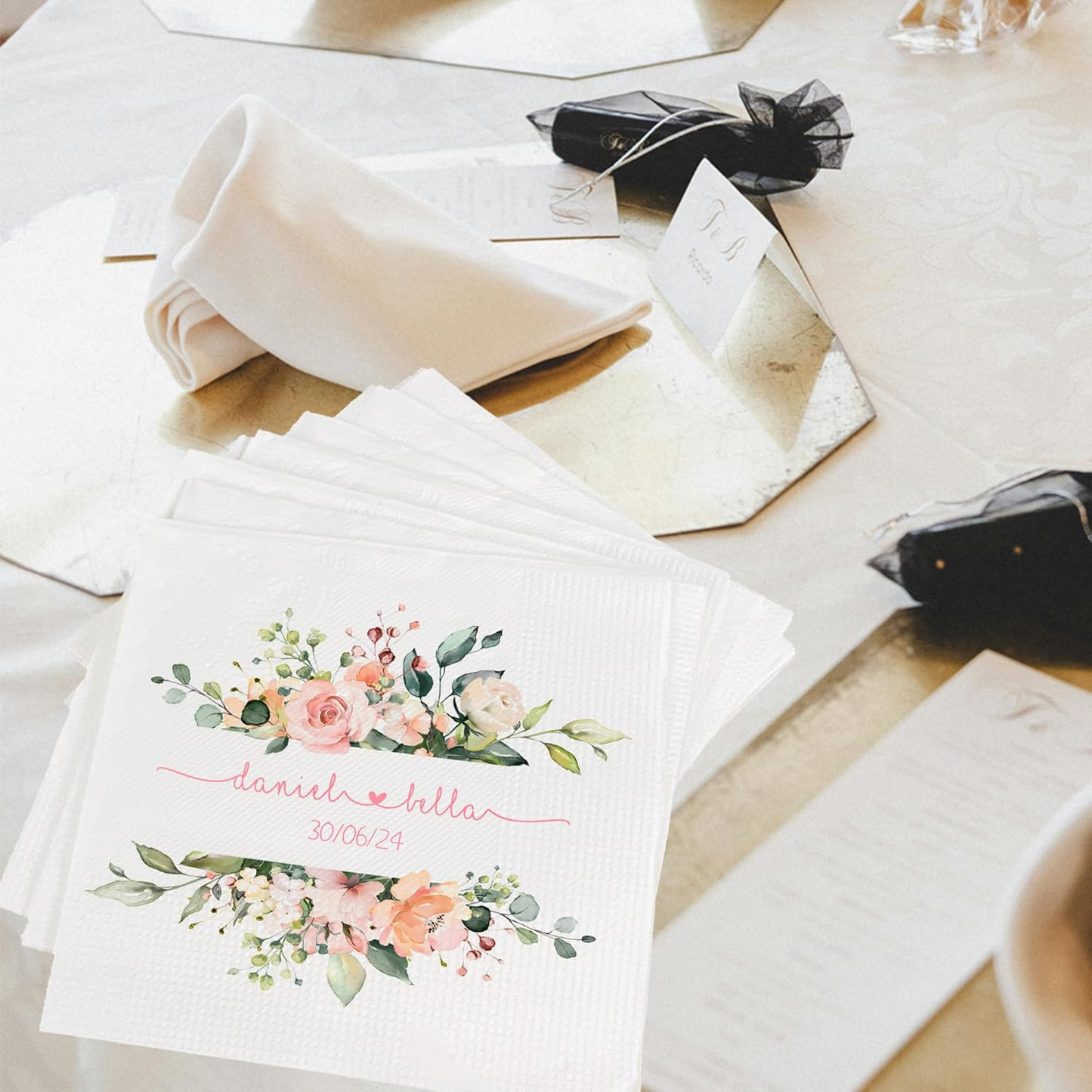 Elegant Floral Wedding Napkins with Personalized Names and Date - Perfect for Special Occasions