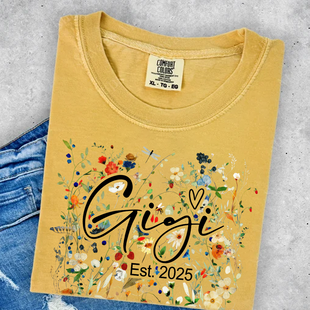 Comfort Colors® Gigi Est Wildflower T-Shirt, Custom Grandma With Grandkids Shirt