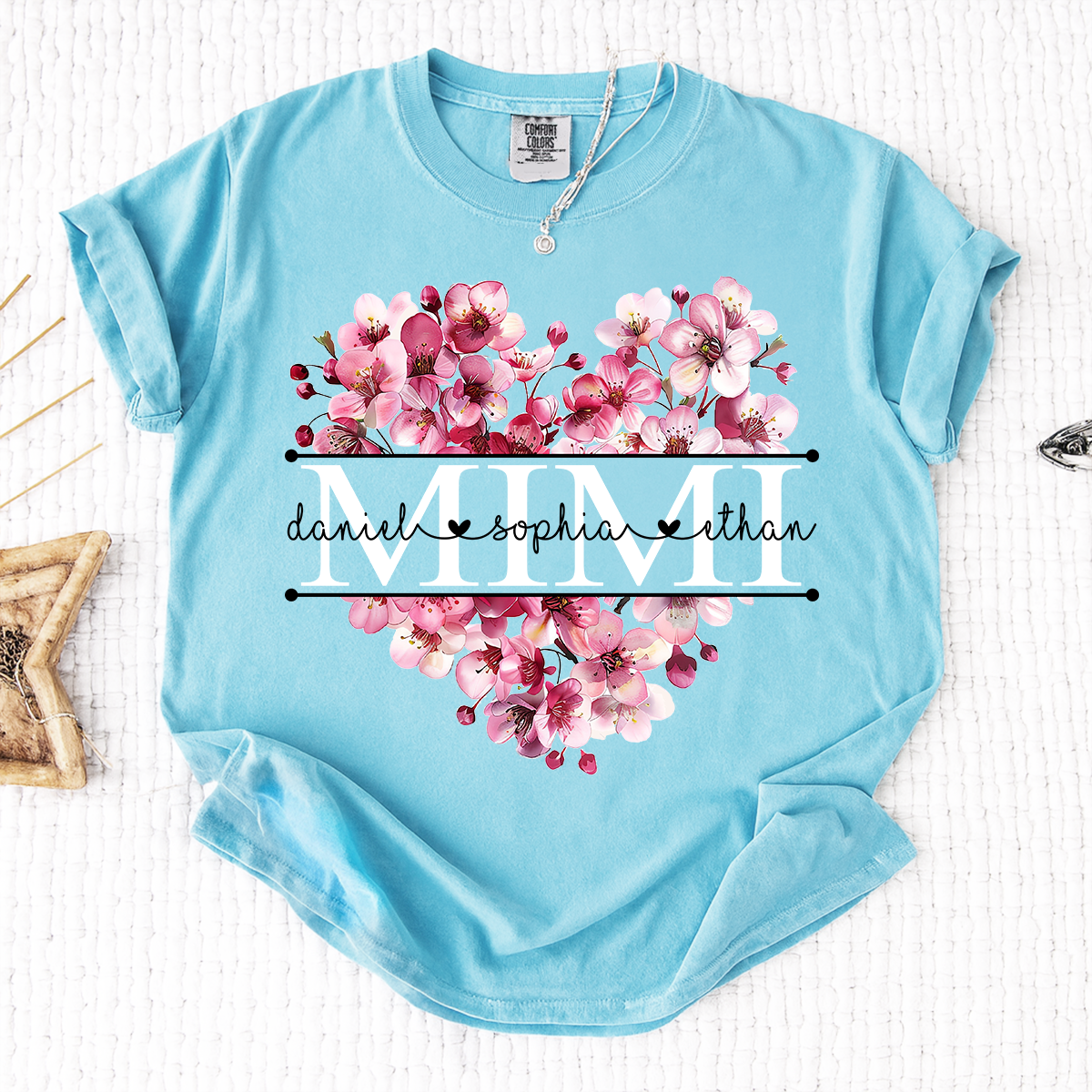 Comfort Mimi Floral Heart Shirt, Custom Family Names Pink Flower Design T Shirt