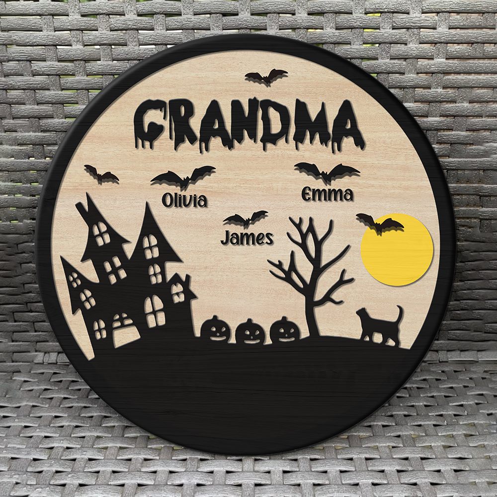 Personalized Grandma Halloween Door Sign, Halloween Decoration, Round Wood Sign TH