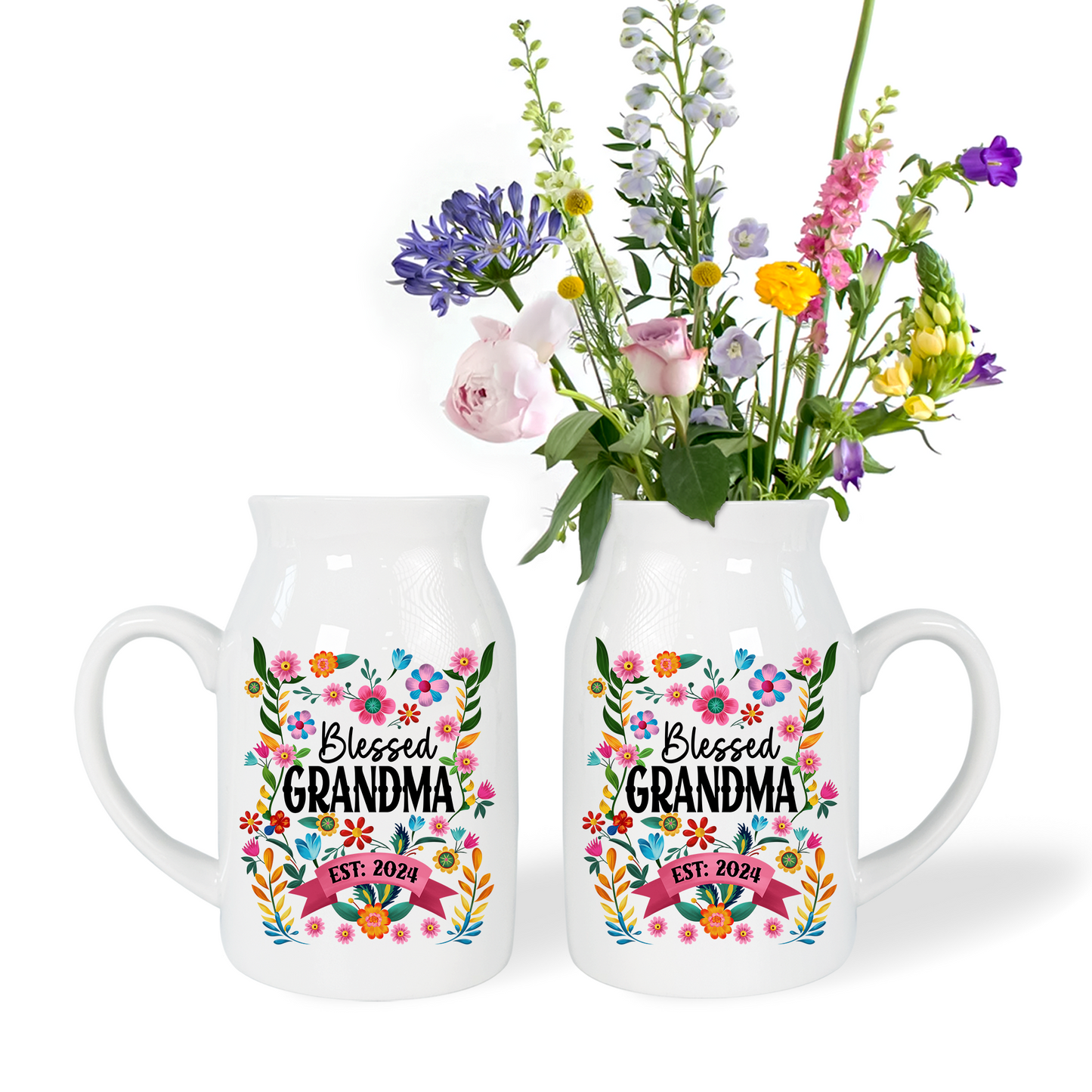 Blessed Grandma Est And Kids - Custom Home Decoration Flower Vase According To Family Requirements - Warm Gift For Mother's Day, Ceramic Flower Vase