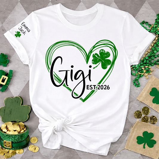 Cute Green T-Shirt With Gigi Shamrock Heart Print For St. Patrick's Day, With Your Grandchildren's Names