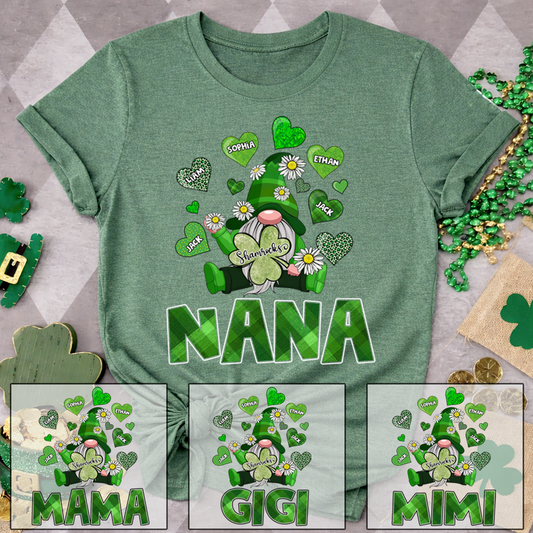 Nana Shamrock Shirt for St Patrick’s Day, Personalized Family Gnome T Shirt, for Grandma and Kids