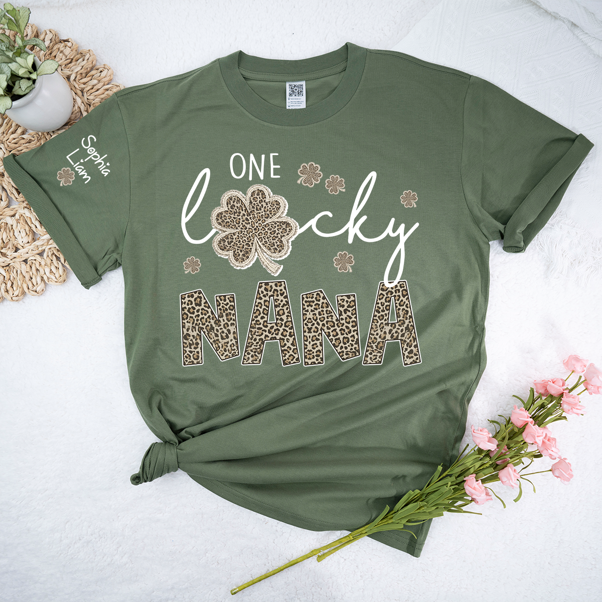 Lucky Nana Shirt, One Lucky Nana with Clover and Leopard Print, Personalized Grandma T-Shirt, St. Patrick’s Day Apparel