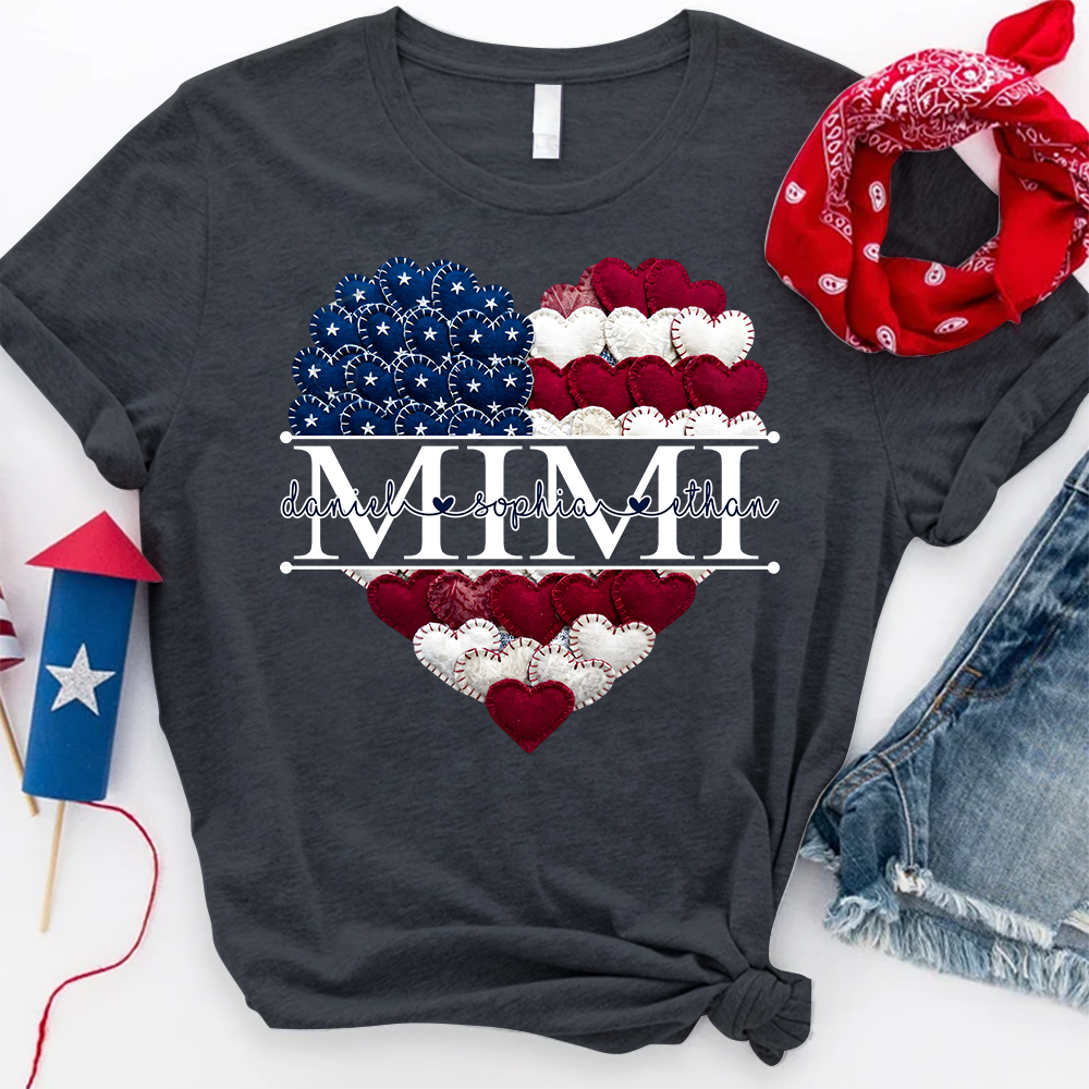 Personalized Mimi T Shirt, American Flag Heart Design, Custom Family Names Shirt