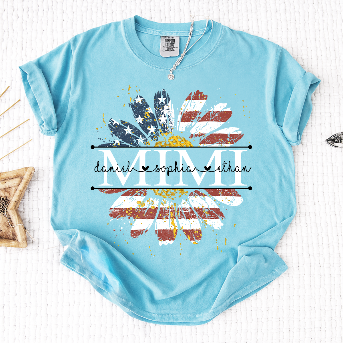 Comfort Mimi Daisy Shirt With American Flag Print, Custom Name, Floral Design, Personalized Family t-shirt