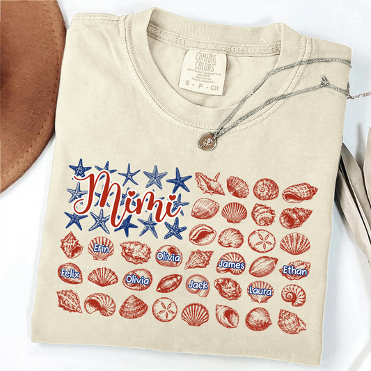 Comfort Colors Custom Mimi Shirt with Kids Names, Personalized Beach Shells Grandma Tee, Summer Family Vacation Gift for Grandmother