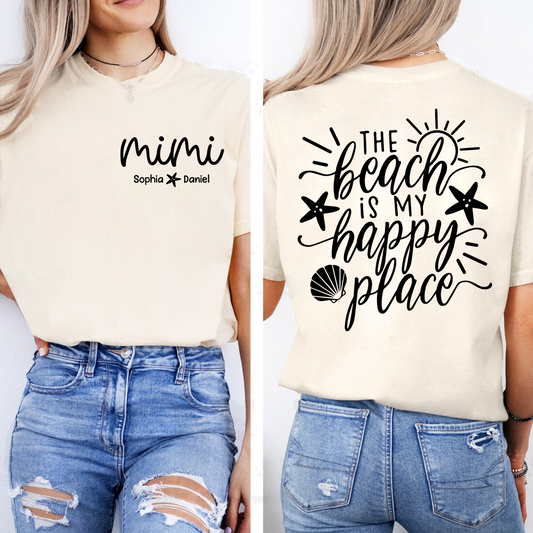 Personalized Mimi The Beach Is My Happy Place Shirt, Custom Grandkids Names T-Shirt, Beach Lover Grandma Gift, Summer Vacation Tee