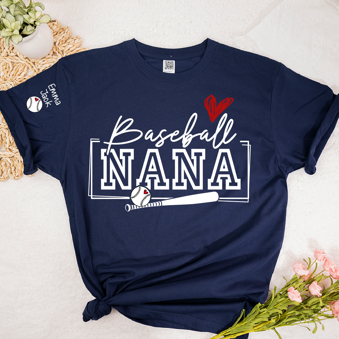 Proud Baseball Nana T Shirt, Personalized Family Sports Shirt with Bat and Heart Design