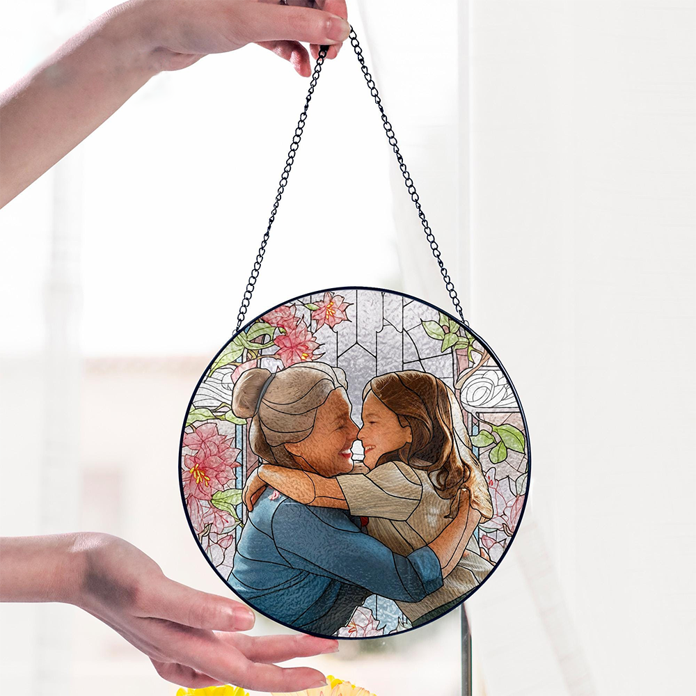 Personalized Grandma And Grandkid Stained Glass Suncatcher, Custom Photo Family Window Hanging Ornament, Birthday, Mother's Gift For Grandma