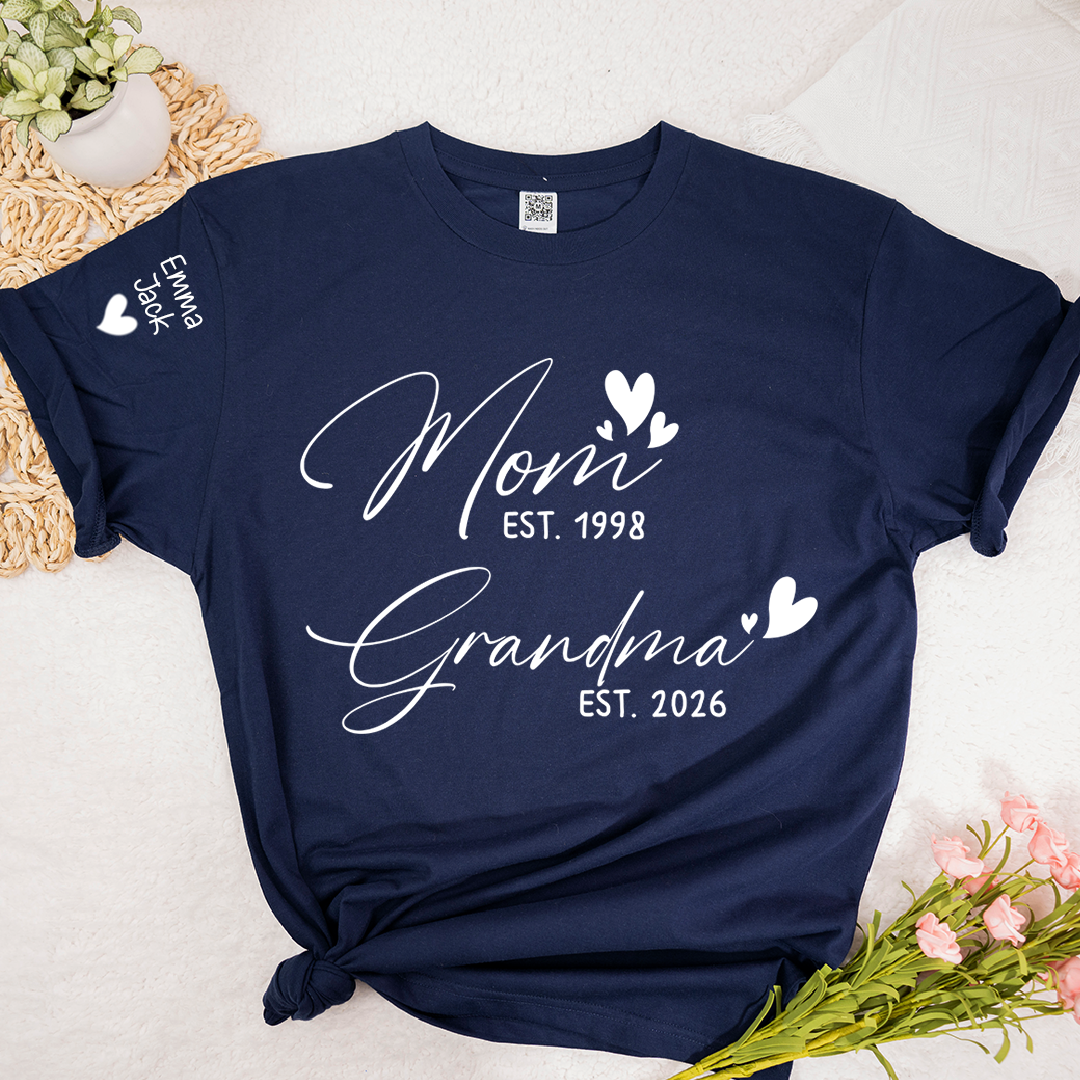 Personalized Mom and Grandma T-Shirt, Custom EST Year T-Shirt with Heart Design for Family