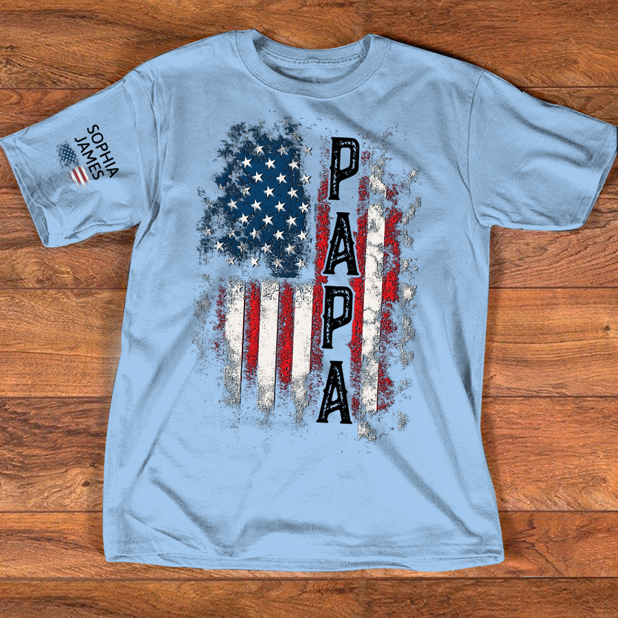 Custom Papa Shirt, 4th of July American Flag Design, Personalized with Family Names, Patriotic Gift Tee