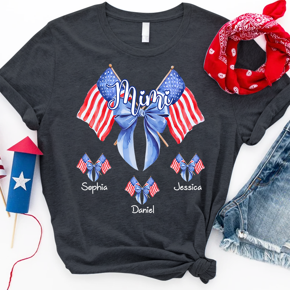 Personalized Mimi Patriotic Shirt with Kids Names, Custom Grandma American Flag Bow T Shirt for 4th of July Family Gift
