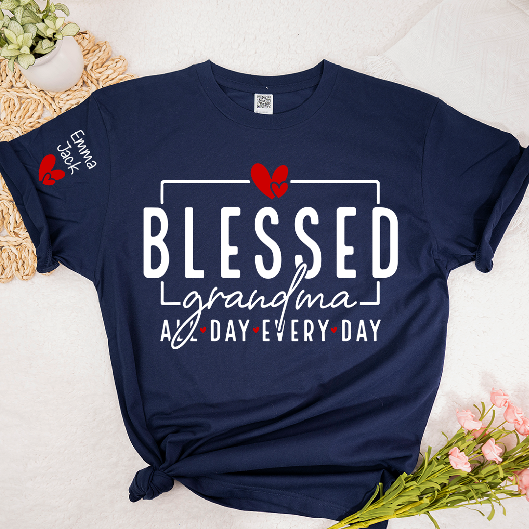 Blessed Grandma All Day Every Day Shirt, Personalized Family T Shirt with Grandkids Names and Heart Design