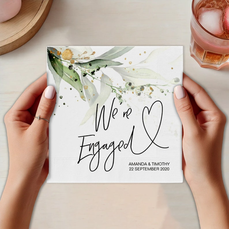We're Engaged Napkins, Personalized Engagement Napkins, Cocktail Napkins, Bridal Shower Napkins, Cocktail Luncheon Napkins, Luncheon Napkins