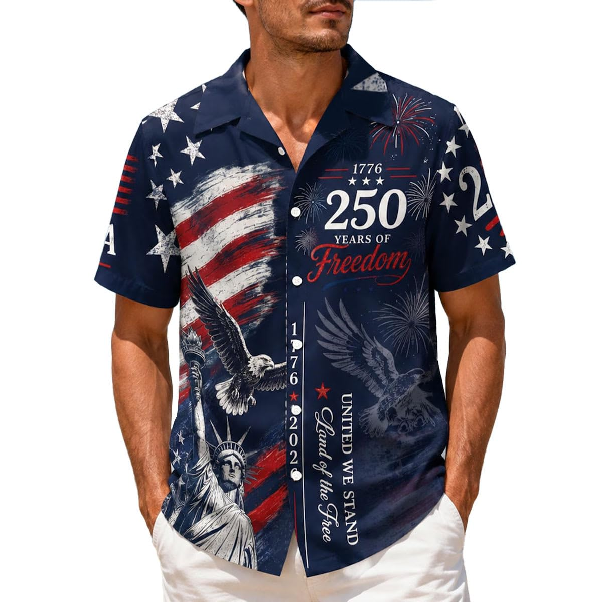 Patriotic Hawaiian Shirts for Men USA 250 Anniversary 1776-2026 Fourth of July Shirt Button Up Eagle Independence Day