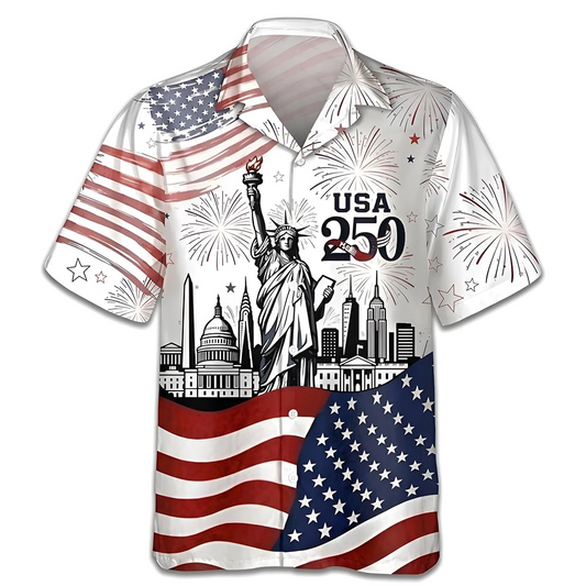 USA 250th Anniversary Hawaiian Shirt, Patriotic Eagle & Statue of Liberty 250 Years of Freedom Gift for Men