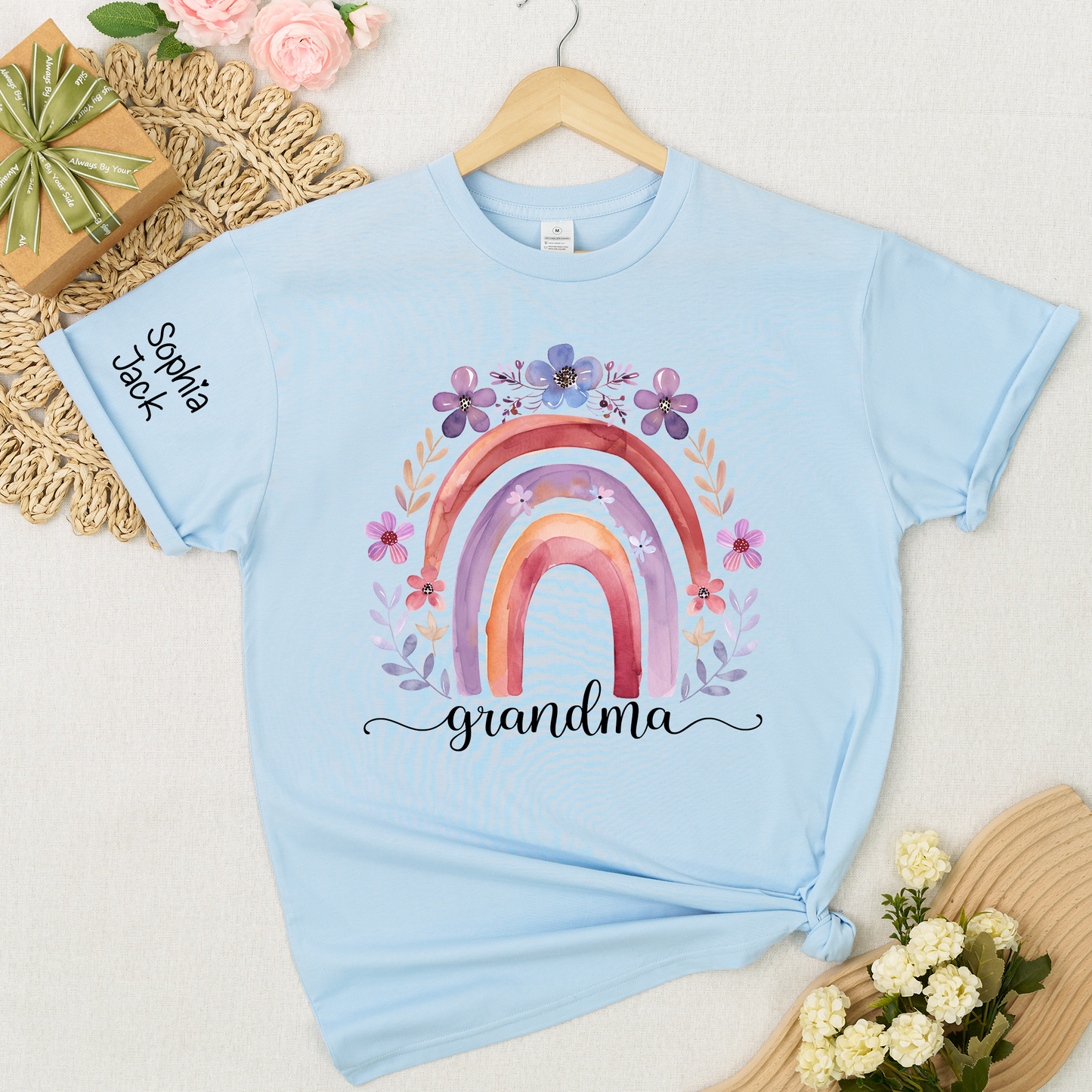 Personalized Rainbow Shirt Watercolor Floral Design Custom Grandma Nana Mimi Gigi Name Tee with Grandkids Names Family Gift for Her