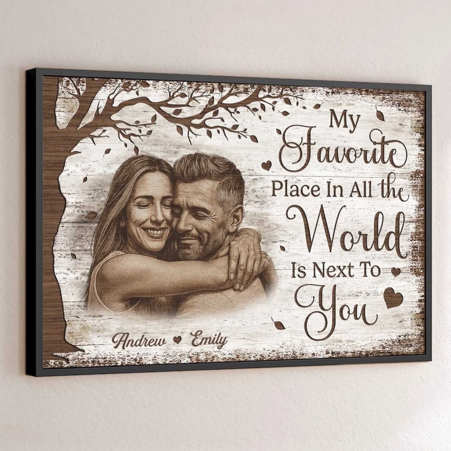 Personalized Couple with Photo and Names Canvas, My Favorite Place Is Next to You Rustic Wall Art