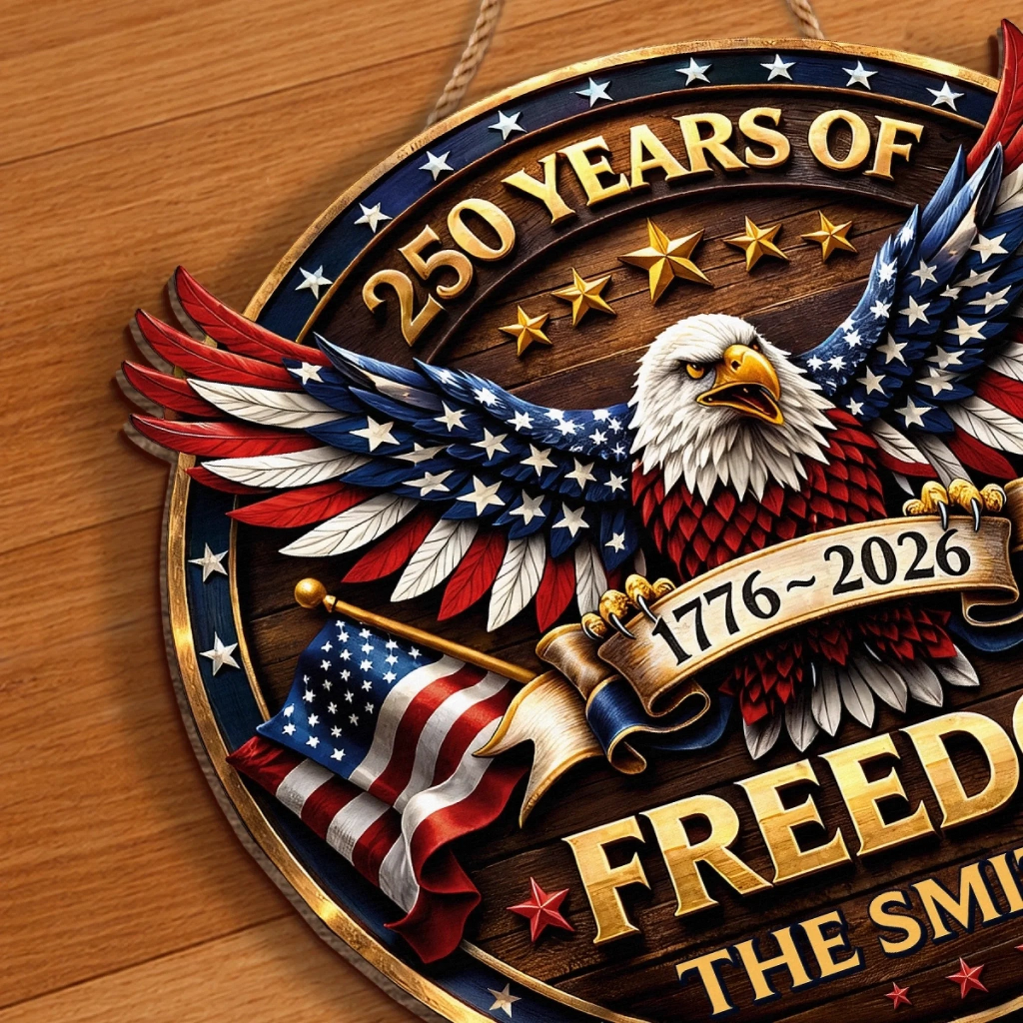 Personalized American Eagle Wood Sign, 250 Years of Freedom 1776-2026, Custom Family Name Patriotic Decor