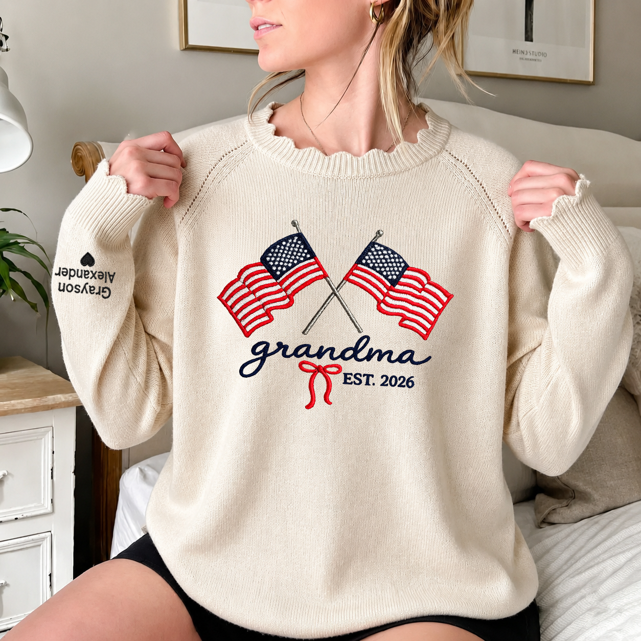 Embroidered Grandma American Flag Knit Sweater, Personalized Crewneck, Custom Sleeve Name, Est 2026 Grandma Gift
