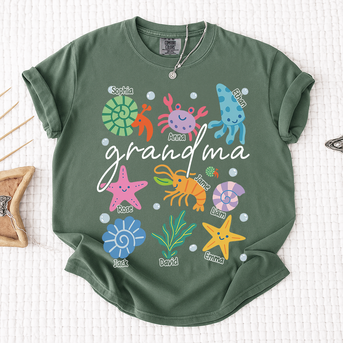 Comfort Colors® Personalized Grandma Sea Animals Shirt, Custom Grandkids Names Tee, Coastal Grandma Ocean Life T Shirt, Beach Gift for Grandma