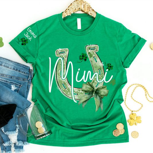 Mimi St Patrick’s Day Shirt, Lucky Horseshoe Shamrock Family T Shirt, With Grandma And Kids Names