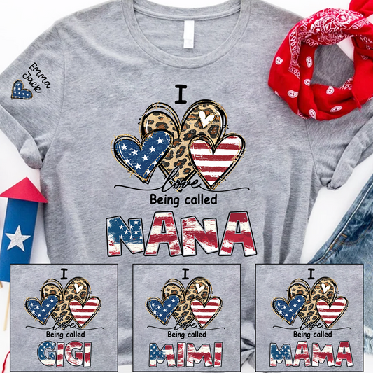 Custom I Love Being Called Nana Flag Heart T-shirt, Grandma Shirt with Kids, Mother's Day Gift for Grandma