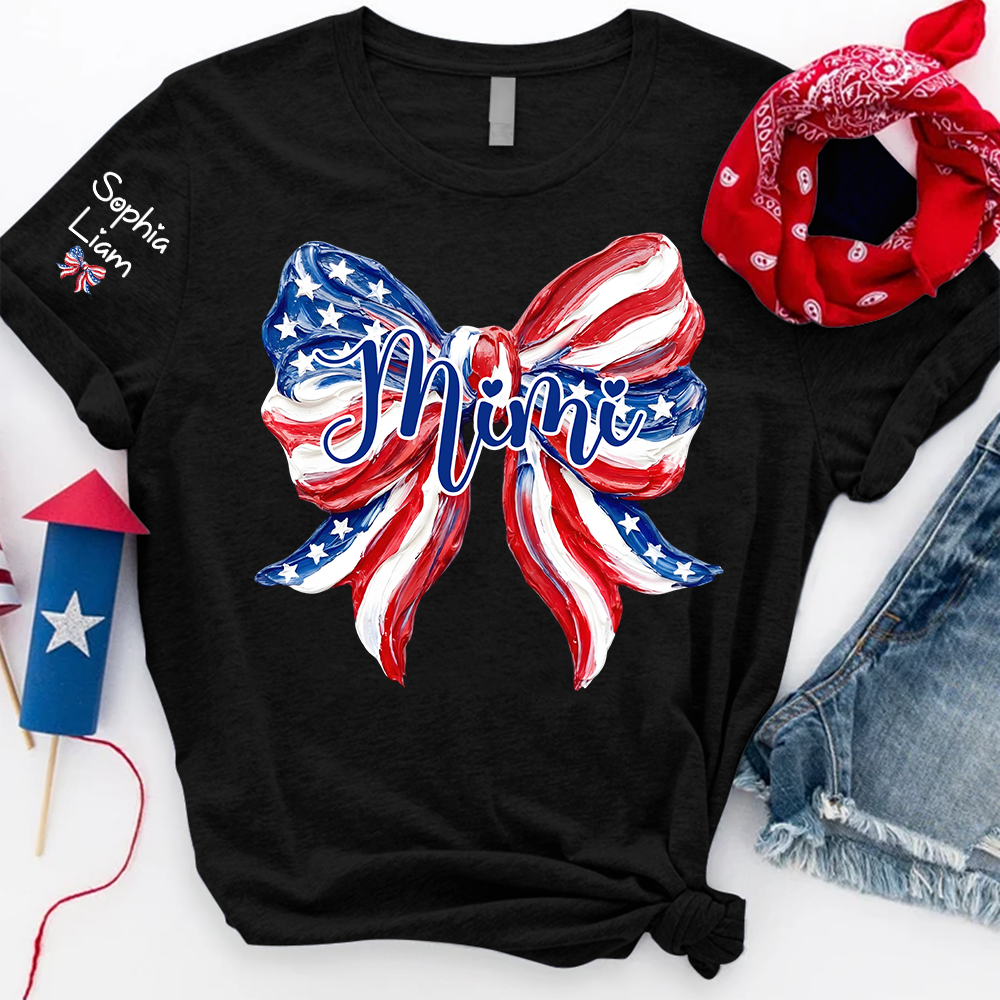 Personalized Mimi Patriotic Bow Shirt, Custom Grandma Tee with Kids Names, Fourth of July Gift for Nana Gigi Women
