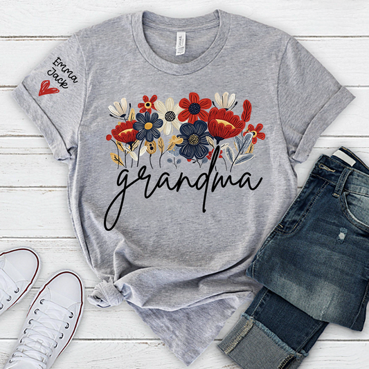 Personalized Grandma Floral Shirt with Custom Grandkids Names, Colorful Flower Design