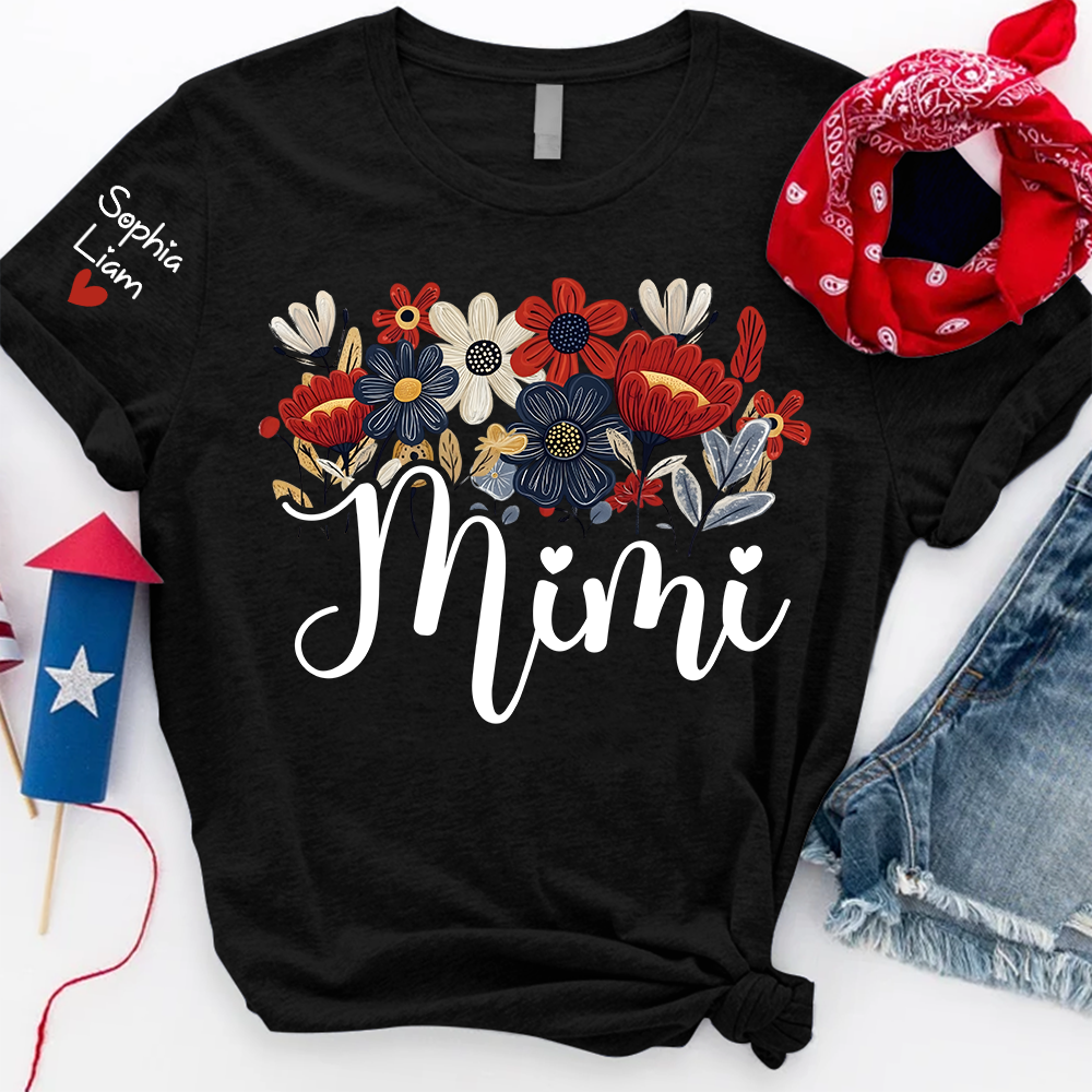 Personalized Grandma Mimi Shirt with Floral Design and Sleeve Names, 4th of July Shirt