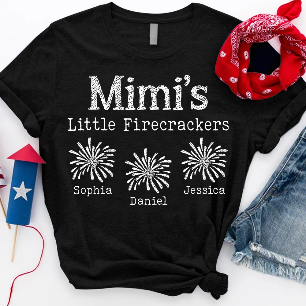 Mimi's Little Firecrackers Personalized T Shirt with Custom Kids' Names, Perfect for Independence Day