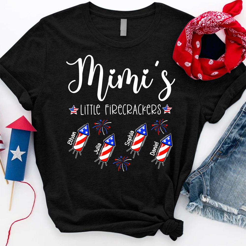 Custom Mimi Little Firecrackers Shirt, Children Names Personalized, Patriotic Stars Rockets Graphic, Family Matching Independence Day Apparel