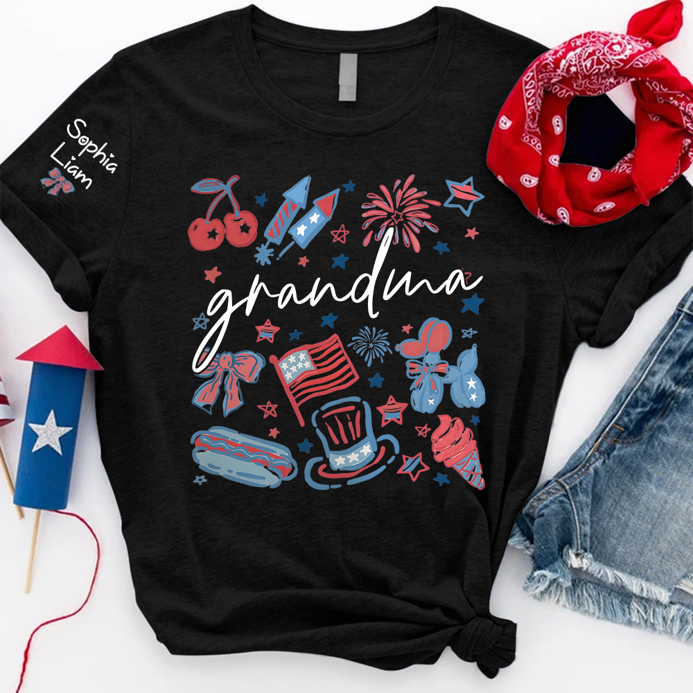 Grandma Custom T Shirt, Independence Day Themed Design with Fireworks, Stars, and USA Icons