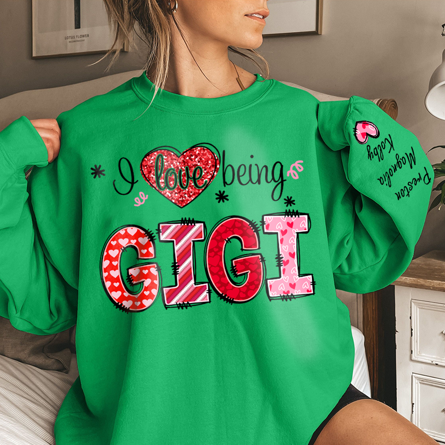 I Love Being Gigi Heart With Grandkids Names On Sleeve Sweatshirt, Personalized Mother's Day Gift
