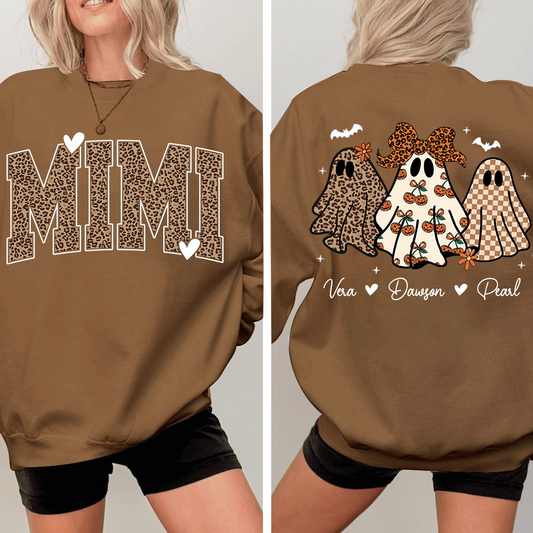 Personalized Mimi Leopard Print Halloween Sweatshirt, Gift for Grandma And Kids