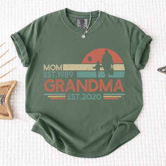 Comfort Colors® Mom Grandma Est. Shirt, Vintage Sunset Family T-Shirt, Custom Mom and Grandma Tee, Personalized Gift for Mother's Day