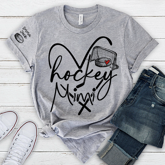Hockey Heart Mimi Family Shirt, Custom Names and Hockey Puck Design Personalized Tee