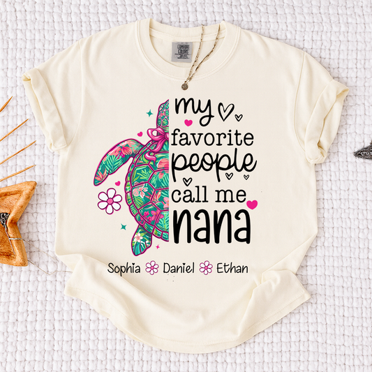 Comfort Colors® Personalized Nana Sea Turtle Shirt, My Favorite People Call Me Nana Tee, Custom Grandkids Names T Shirt, Coastal Grandma Gift
