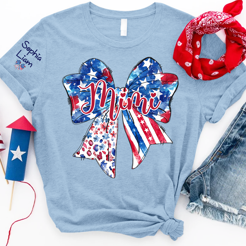 Custom Mimi Shirt with Sleeve Names, American Flag Bow Graphic Tee, Patriotic Grandma Independence Day Apparel