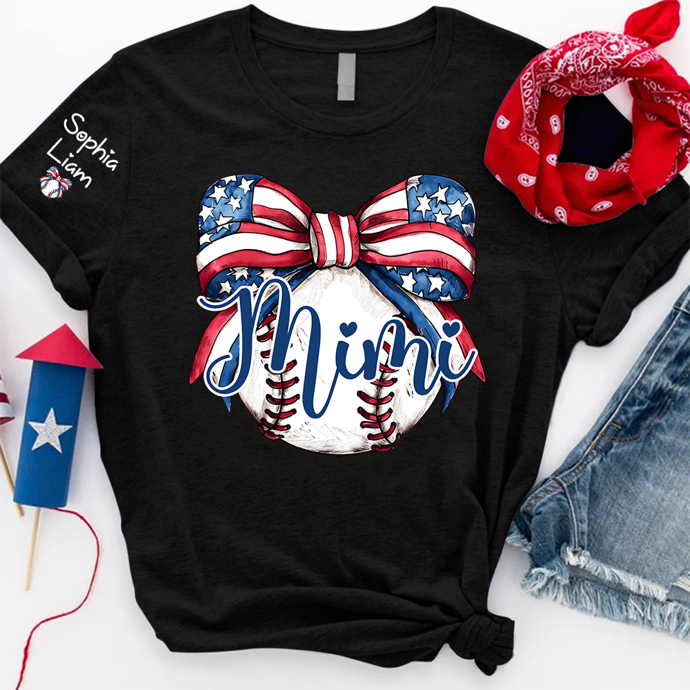 Personalized Mimi Baseball Shirt, Custom Grandma Baseball Bow T Shirt with Kids Names, Patriotic Family Gift for 4th of July