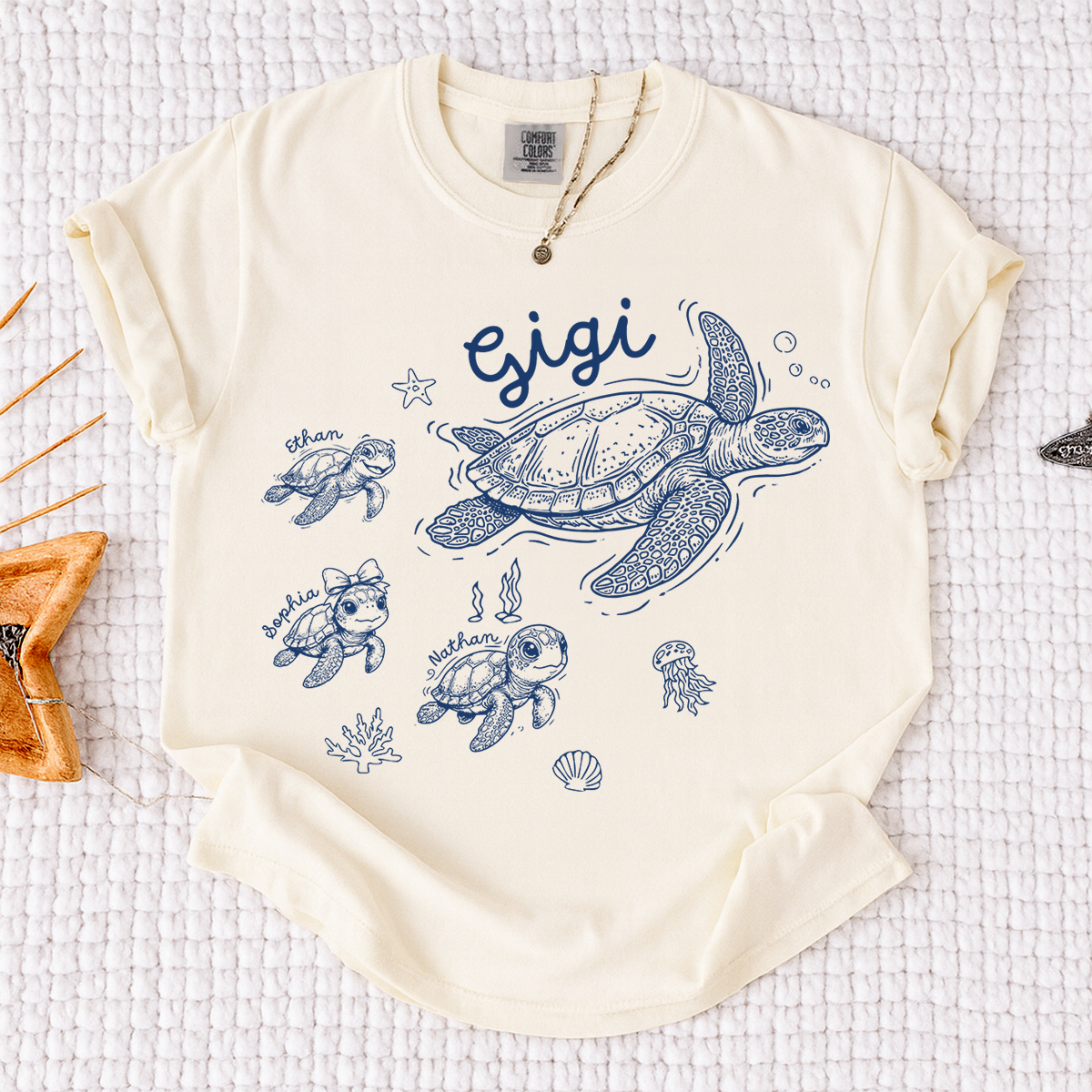 Comfort Colors® Custom Gigi Shirt Featuring Turtle Mom and Baby Names, Unique Grandma Gift Shirt for Women