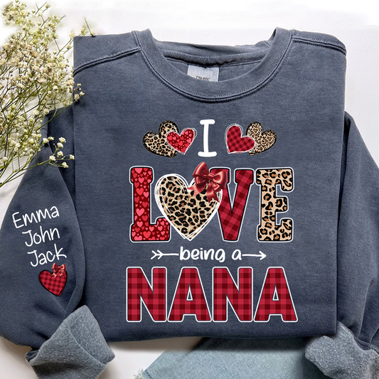 I Love Being a Nana Sweatshirt, Leopard and Plaid Heart Valentine Family Crewneck