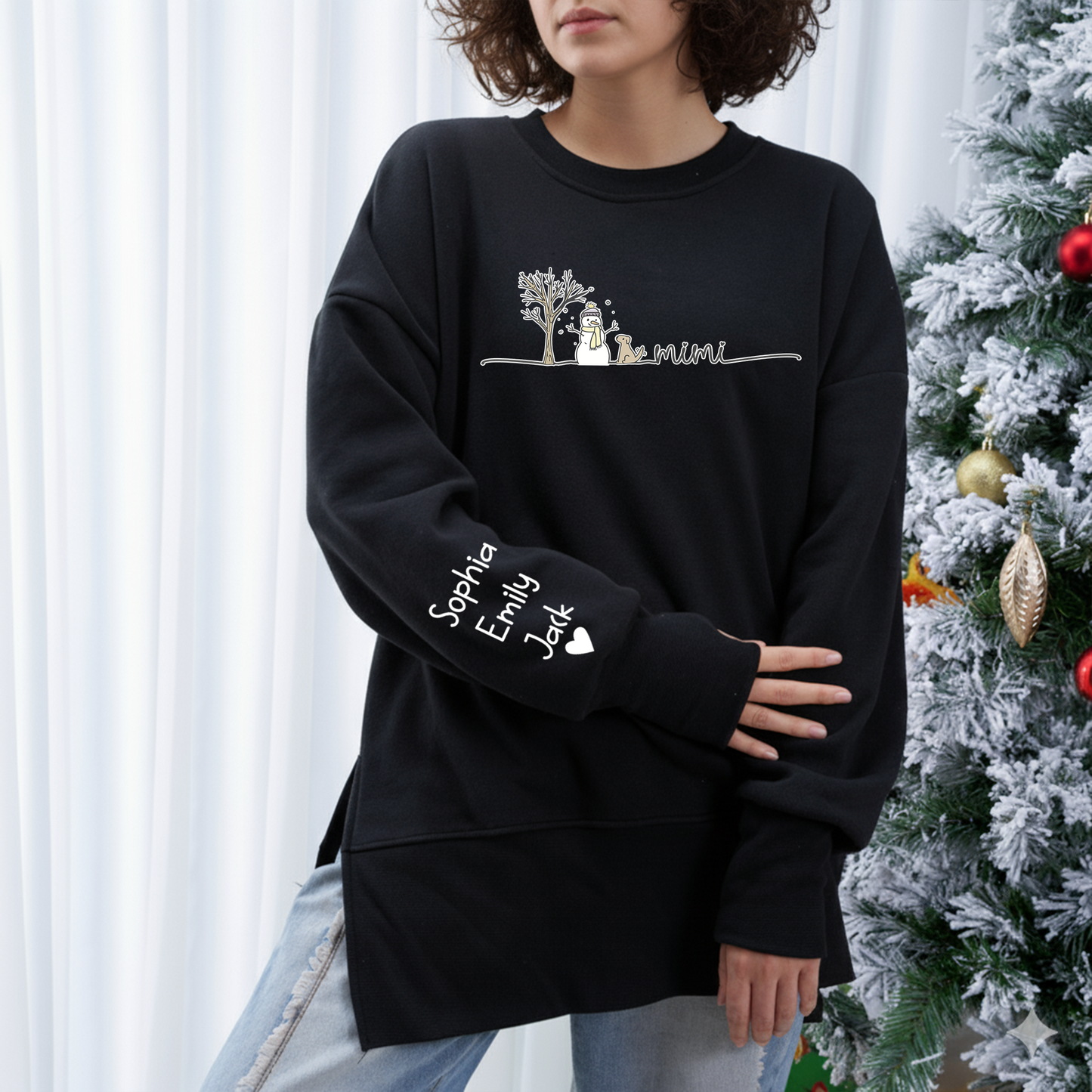 Custom Mama And Kids Name Women Oversized Sweatshirt – Personalized Thumbhole Long Sleeve Pullover, Cozy Fall Side Slit Sweater