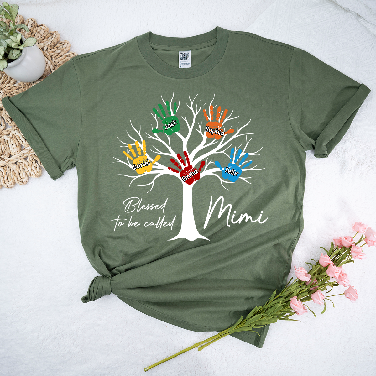 Personalized Mimi Shirt Blessed To Be Called Mimi Custom Grandkids Names Handprint Tree Grandma Gift