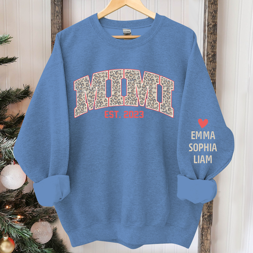 Mimi Leopard Christmas Sweatshirt, Custom Mimi Est And Kids, Grandma Gift TH Sweatshirt