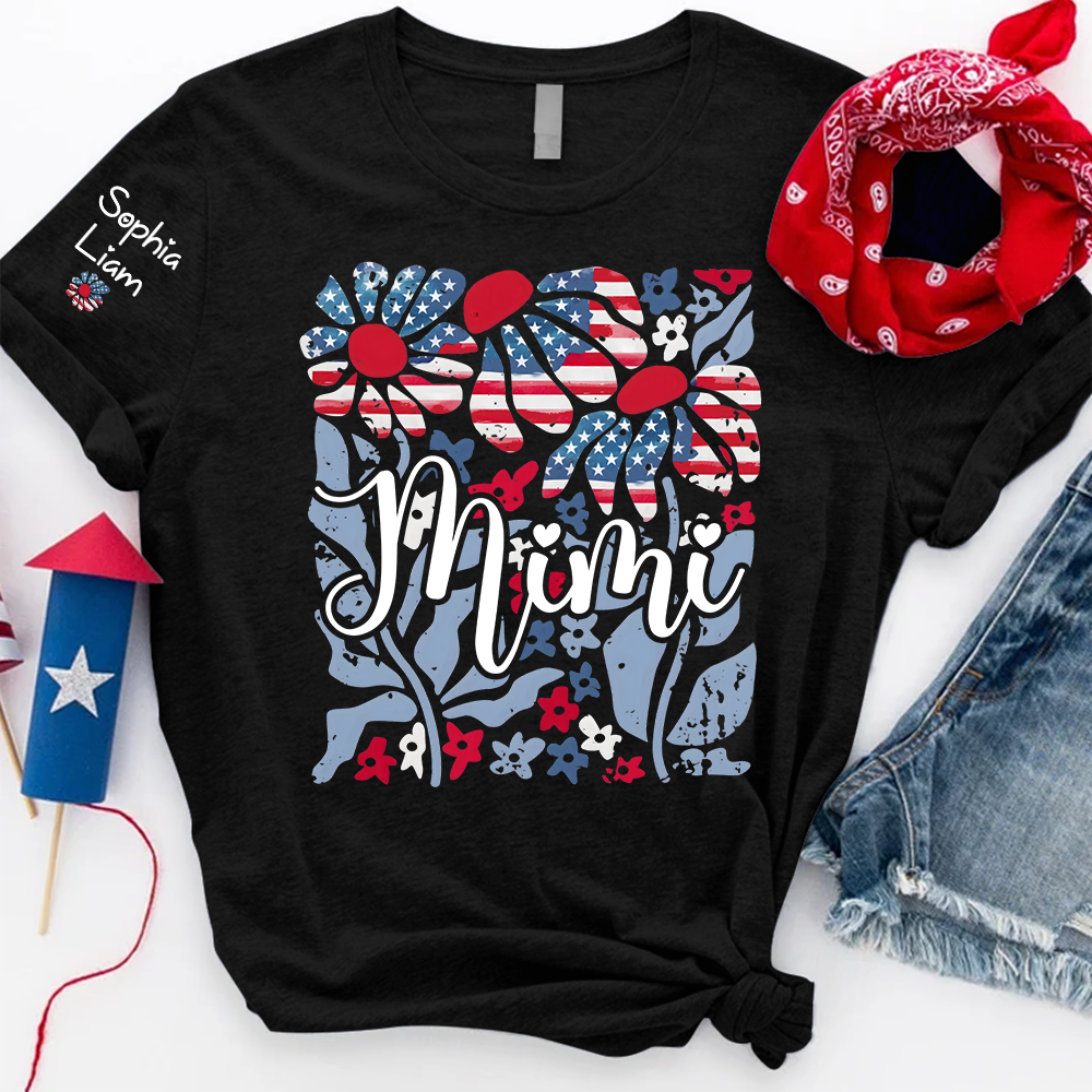 Custom Mimi Shirt with Patriotic Flowers and American Flag, Personalized Gift for Mom, Mother's Day T Shirt