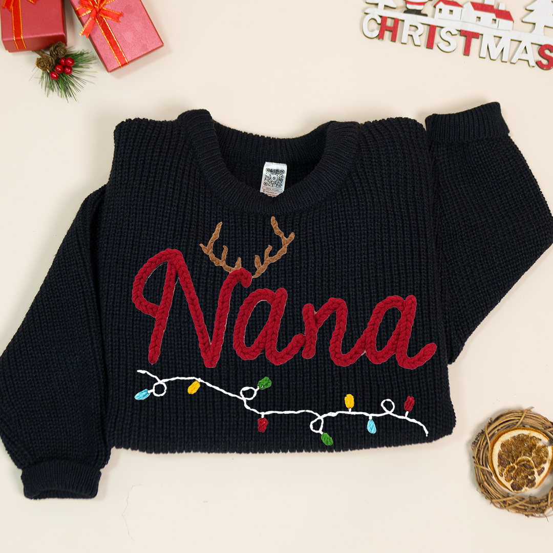Personalized Nana Hand-Embroidered Sweater, Cozy Christmas Knit Pullover, Unique Holiday Gift for Grandmas and Family
