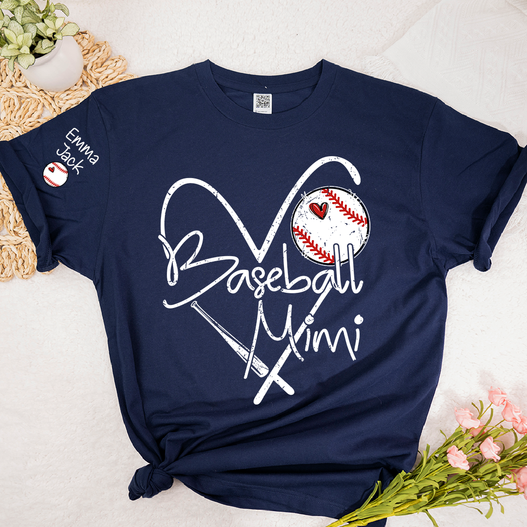 Baseball Mimi Shirt Personalized with Grandkids Names, Heart and Bat Sports Family T Shirt